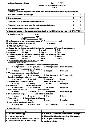 Đề kiểm tra 45 phút môn Tiếng Anh Lớp 6 - Năm học 2018-2019 - Trường THCS Phú Cường (Có đáp án)